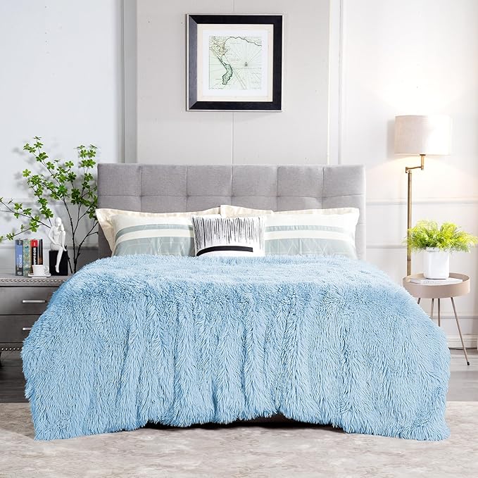 JONIYEAR Extra Large Decorative Fluffy Faux Fur Blanket Queen Size 80" x 90", Soft Luxury Lightweight Furry Blankets, Solid Cozy Shaggy Plush Thick Warm Fuzzy Blankets for Winter Bed Couch, Blue