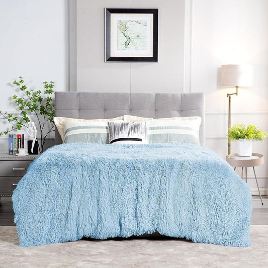 JONIYEAR Extra Large Decorative Fluffy Faux Fur Blanket Full Size 71" x 80", Soft Luxury Lightweight Furry Blankets, Accent Cozy Shaggy Plush Fuzzy Blankets for Bed, Thick Warm Winter Blanket, Blue