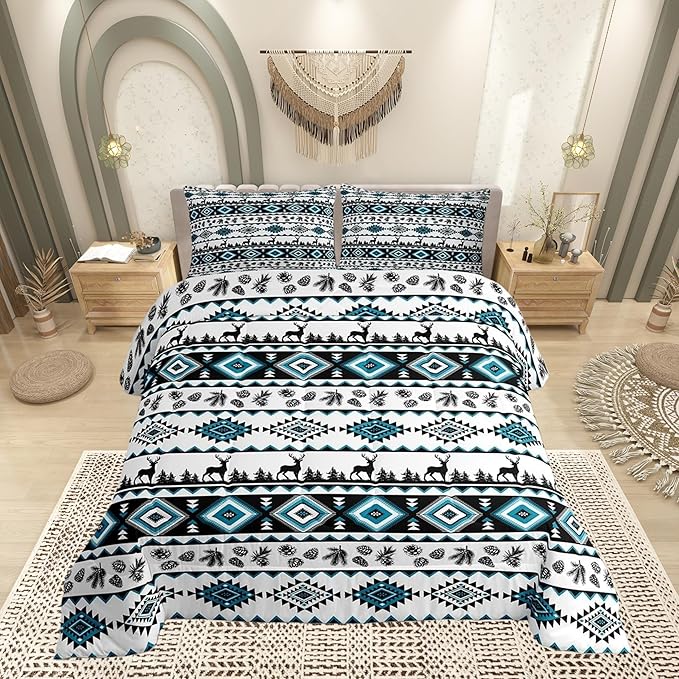 Deer Silhouettes Twin Size Comforter Set,Aztec Abstract Geometric Print Duvet Set Soft Bed Collection,Western Elk Animals Southwest Tribal Ethnic Bedding Comforter for Boys Girls Bedroom,2 Pcs