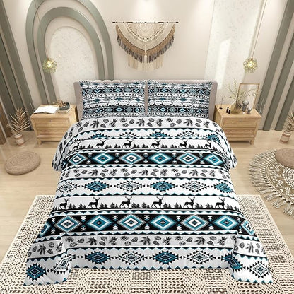 Deer Silhouettes Twin Size Comforter Set,Aztec Abstract Geometric Print Duvet Set Soft Bed Collection,Western Elk Animals Southwest Tribal Ethnic Bedding Comforter for Boys Girls Bedroom,2 Pcs