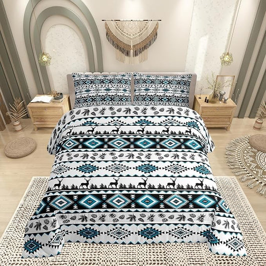 Deer Silhouettes Comforter Set Queen Size ,Aztec Abstract Geometric Print Down Alternative Adults Room Decor,Western Elk Animals Southwest Tribal Ethnic Ultra Soft Microfiber Inner Fill 3Pcs Bedding