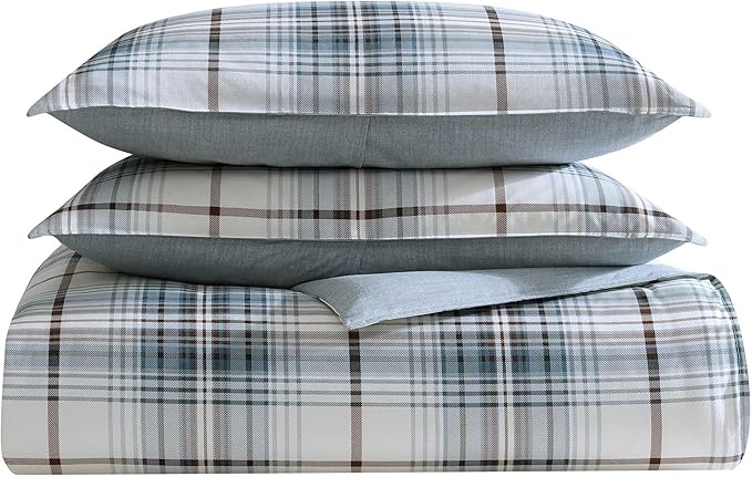 Eddie Bauer - Twin Comforter Set, Reversible Plaid Bedding with Matching Sham, Medium-Weight for Year Round Use, Dorm Essentials (Alder Blue/Grey)