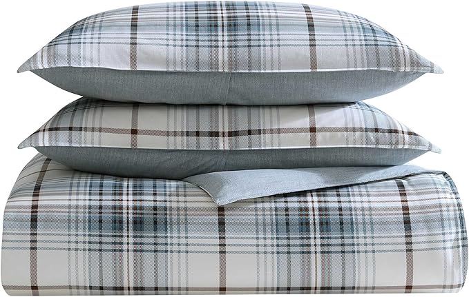 Eddie Bauer - Queen Comforter Set, Crisp & Tailored Cotton Percale Reversible Bedding, Lightweight 3 Piece Bed Set with Matching Pillowcases (Alder Blue/Grey)