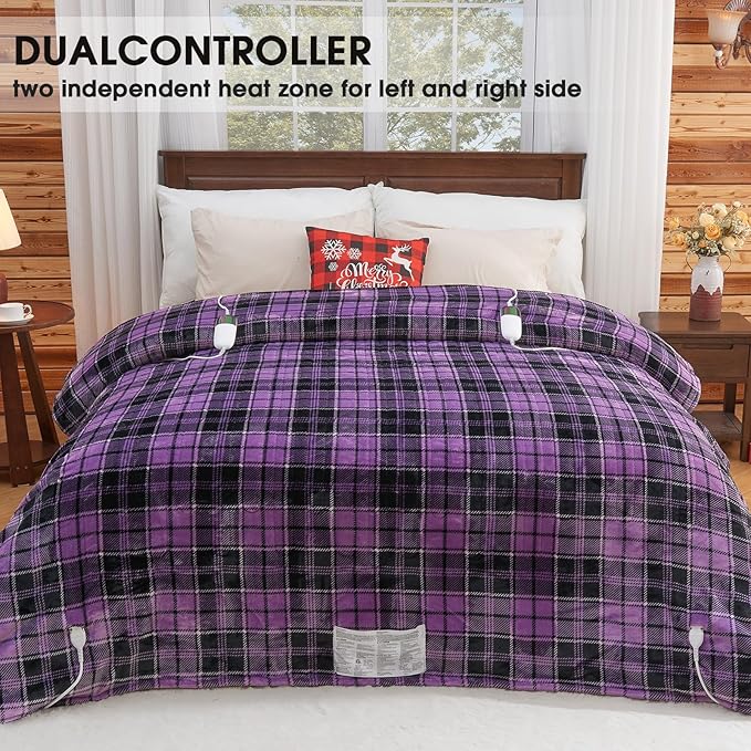 Heated Electric Blanket King Size, 90X100 Heating Blanket King with Dual Control&10 Heats Levels&Timer for Bed,Large Purple Plaid Sherpa Blankets Warmer Gifts for Grandma Women Adults, Washable