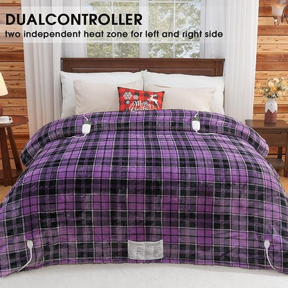 Heated Electric Blanket King Size, 90X100 Heating Blanket King with Dual Control&10 Heats Levels&Timer for Bed,Large Purple Plaid Sherpa Blankets Warmer Gifts for Grandma Women Adults, Washable