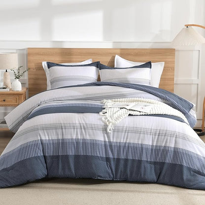 Litanika Oversized King Comforter Set Black Blue 128x120-3 Pieces Lightweight Colorblock Stripe Fluffy Bedding Comforter Sets, All Season Bed Set