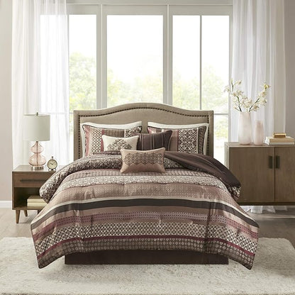 Madison Park Princeton Cozy Comforter Set - Luxurious Jaquard Traditional Damask Design, All Season Down Alternative Bedding with Matching Shams, Decorative Pillow, King(104"x92"), Red 7 Piece