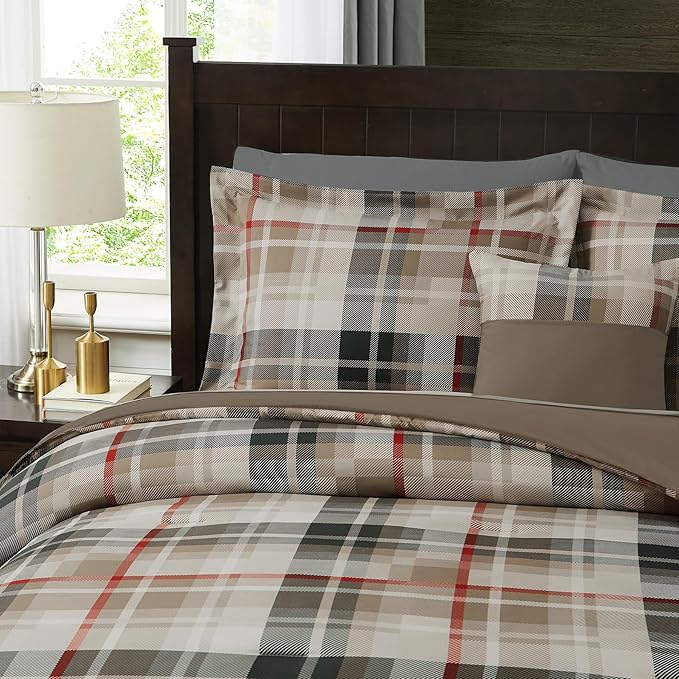 MaiRêve Plaid Queen Comforter Sets Khaki, Classic Farmhouse Bedding Set Bed in A Bag 7 Pieces, Lightweight All Season Comforter Set with Fitted & Flat Sheet, Pillowcases & Shams