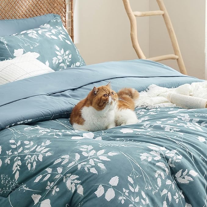 Bedsure King Size Comforter Set - 7 Pieces Floral Mineral Blue Soft Bedding Sets, King Bed in a Bag with Botanical Flowers Comforter, Sheets, Pillowcases & Shams