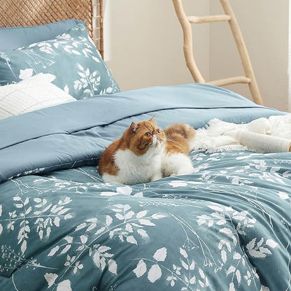 Bedsure King Size Comforter Set - 7 Pieces Floral Mineral Blue Soft Bedding Sets, King Bed in a Bag with Botanical Flowers Comforter, Sheets, Pillowcases & Shams