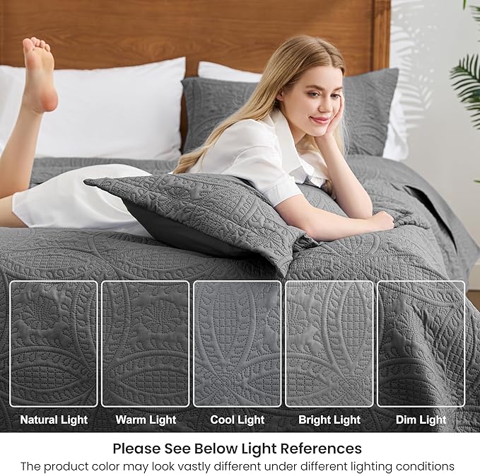 Love's cabin Quilts for Queen Bed Dark Grey Bedspreads Bedding Set - Lightweight Bedspread Comforter - Coin Pattern Bedding Coverlet for All Season - 3 Pieces (1 Quilt, 2 Pillow Shams)