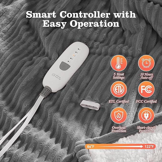Electric Blanket Twin Size Heated Blanket - 62x84 inch Heating Blanket Twin with 5 Heat Levels & 10 Hours Auto-off, Cozy Flannel and Sherpa Fleece Heated Blankets Machine-washable, Warming Gift (Grey)