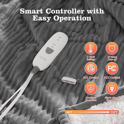 Heated Blanket Full Size Electric Blankets - Ultra Soft Warming Blanket for Bed with Fast Heating and Overheat Protection, 5 Heat Settings & 10hr Auto-off, Washable Heated Blanket FCC Certified (Grey)