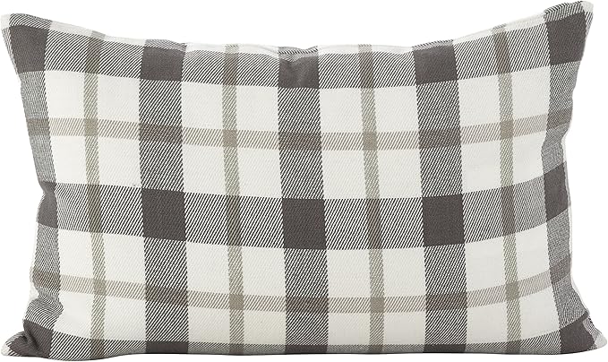 SARO LIFESTYLE Classic Plaid Pattern Cotton Down Filled Throw Pillow, 12" x 20", Grey