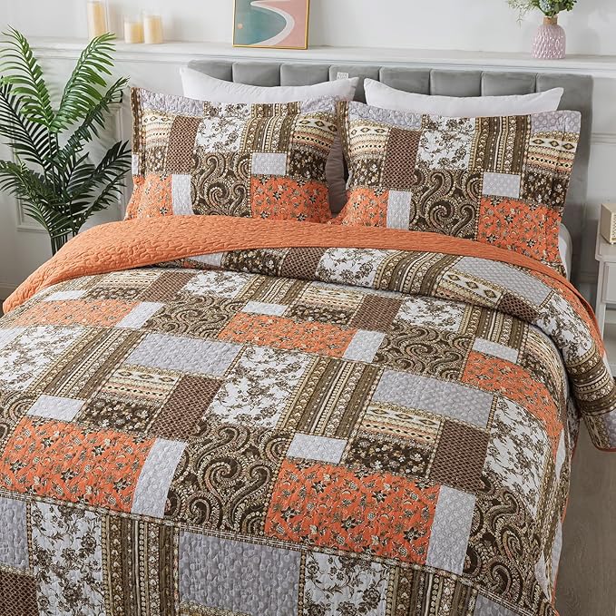 BEDIFANY Cotton Quilts King Size for Farmhouse- Fall Patchwork Bedspread Set - Highly-Woven Soft Reversible King Size Bed Spread for All Seasons (Floral Orange) 3 Pieces