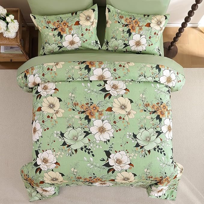 Xruibed Floral Comforter Set King Size 7 Pieces, Sage Green Bed in a Bag Flower Boho Comforter Set with Sheet, Pillowcases, Pillowshams, Soft Microfiber Bedding Set for All Season (King 104''x90'')