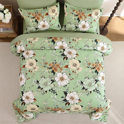 Xruibed Floral Comforter Set King Size 7 Pieces, Sage Green Bed in a Bag Flower Boho Comforter Set with Sheet, Pillowcases, Pillowshams, Soft Microfiber Bedding Set for All Season (King 104''x90'')