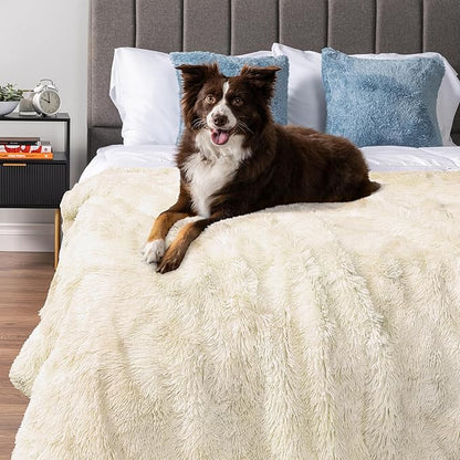 PetAmi Waterproof Dog Blanket for Large Dog, Queen Size Calming Pet Blanket Couch Cover Protector, Sherpa Faux Fur Cat Throw for Sofa Furniture Bed, Soft Fluffy XL, 90x90 Cream Beige