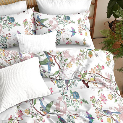 Nayoroom White Floral Comforter Set Queen Size Blue Pink Bird Flower Botanical Pattern Spring Bedding Set 3 Pieces Soft Lightweight Aesthetic Garden Comforter for All Seasons