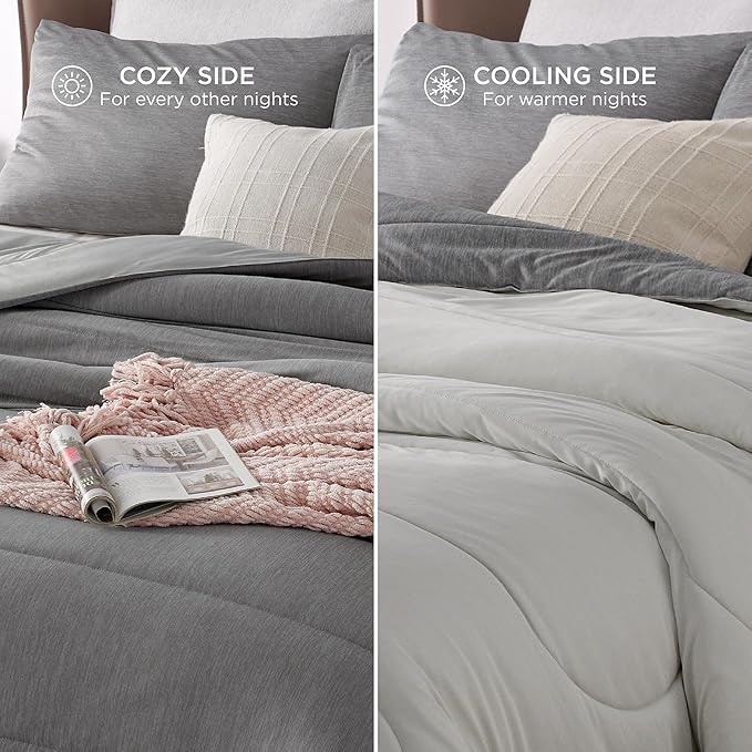 Bedsure Queen Comforter Set - Cooling and Warm Bed Set, Light Grey Reversible Bedding for All Season, 3 Pieces, 1 Queen Size Comforter (88"x88") and 2 Pillow Cases(20"x26")
