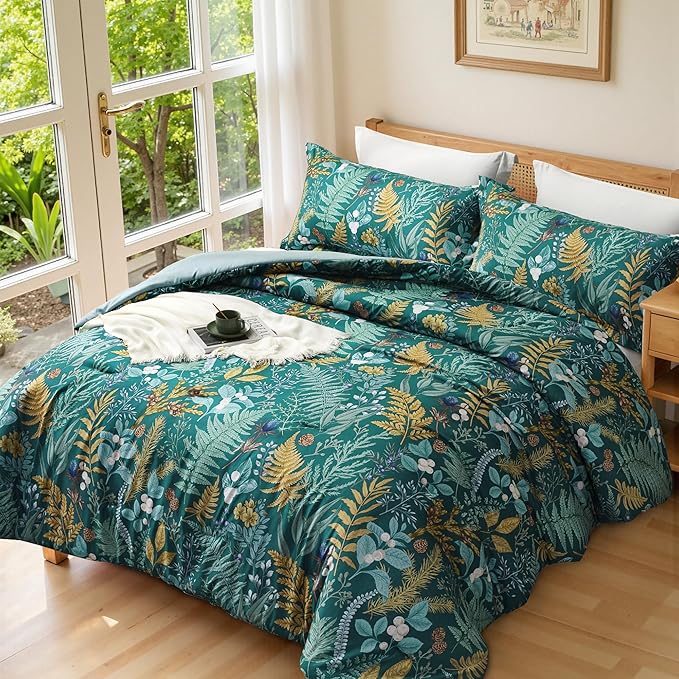 King Comforter Set - 3 Pieces Botanical Bedding Comforter Set, 1 Soft Dark Green Plant Flowers Comforter (104"x90") and 2 Pillow Shams(20"x36") Ultra-Soft Comfort Suitable for All Seasons