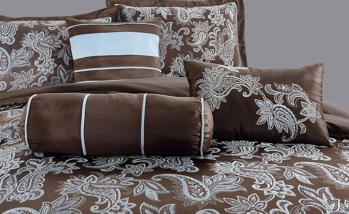 Chezmoi Collection Tuscany 7-Piece Blue Brown Paisley Floral Jacquard Comforter Bedding Set, King Size