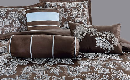 Chezmoi Collection Tuscany 7-Piece Blue Brown Paisley Floral Jacquard Comforter Bedding Set, King Size