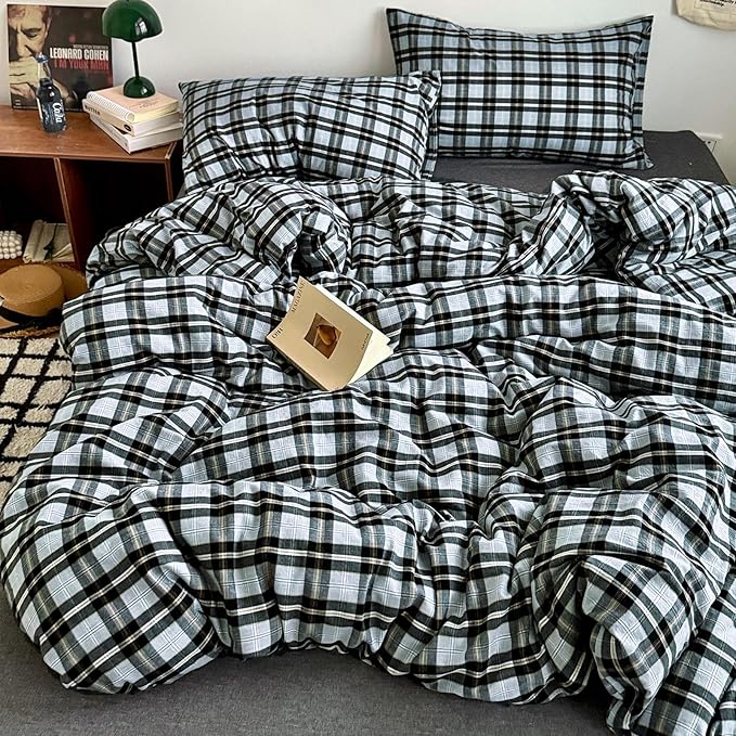 HighBuy Full Comforter Set Dark Grey Gingham Plaid Comforter for Men Boys Modern Chic Plaid Comforter Set Fluffy Comfy Grid Checkered Pattern Comforter with 2 Pillowcases,Gingham Bedding Set Full