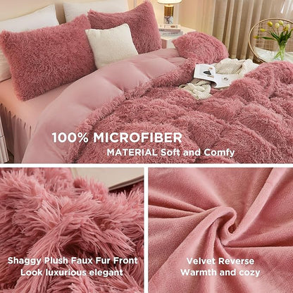 Andency Fluffy Old Pink Comforter Set King Size, 3 Pieces Winter Faux Fur Warm Soft Fuzzy Plush Bedding Comforter Set (1 Velvet Comforter & 2 Pillowcases), Thick Heavy Puffy Comforters Bedding Set