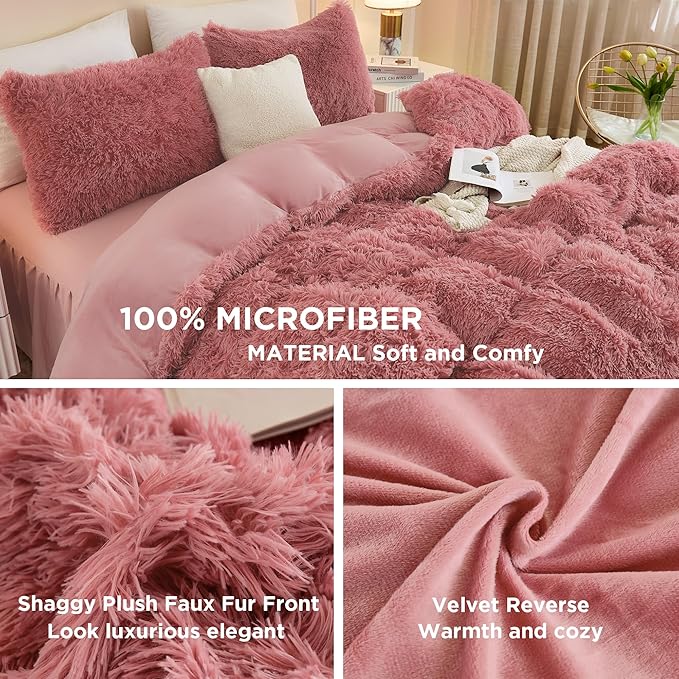 Andency Fluffy Old Pink Comforter Set Full Size, 3 Pieces Winter Faux Fur Warm Soft Fuzzy Plush Bedding Comforter Set (1 Velvet Comforter & 2 Pillowcases), Thick Heavy Comfy Comforters Bedding Set