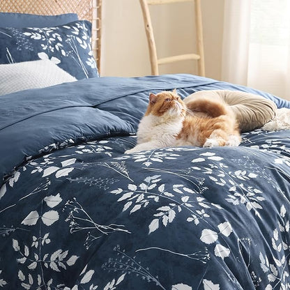 Bedsure King Size Comforter Set - 7 Pieces Floral Navy Soft Bedding Sets, King Bed in a Bag with Botanical Flowers Comforter, Sheets, Pillowcases & Shams