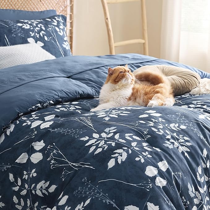 Bedsure Full Size Comforter Set - 7 Pieces Floral Navy Soft Bedding Sets, Full Bed in a Bag with Botanical Flowers Comforter, Sheets, Pillowcases & Shams