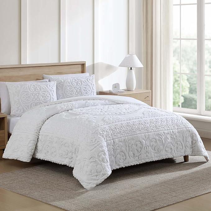 Beatrice Home Fashions Medallion Tufted Chenille Comforter 3-Piece Set, Cotton, All Season Cozy Bedding, Queen, White