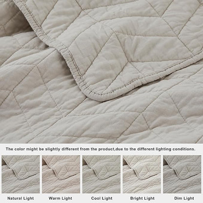 palassio Beige Cotton Quilt Queen Size Bedding Sets with Pillow Shams, White Lightweight Soft Bedspread Coverlet, Tan Cream Quilted Comforter Bed Cover for All Season, 3 Pieces, 90x96 inches