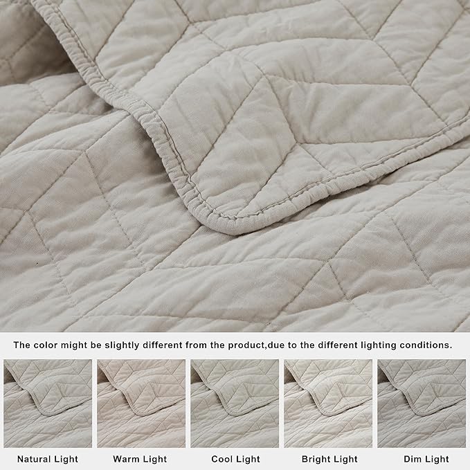 Beige Cotton Quilt California Cal King Size Bedding Sets with Pillow Shams, White Oversized Lightweight Soft Bedspread Coverlet, Tan Cream Bed Cover for All Season, 3 Pieces, 118x106 inches