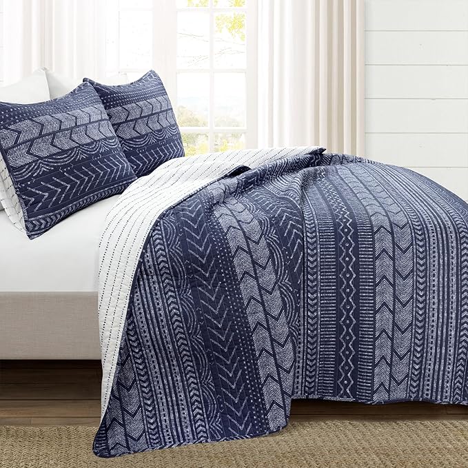 Lush Decor Hygge Geo Pattern Striped 3 Piece Quilt Bedding Set, King, Navy