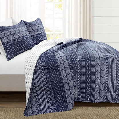 Lush Decor Hygge Geo Pattern Striped 3 Piece Quilt Bedding Set, King, Navy