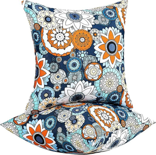 JMGBird Outdoor Pillows Set of 2 with Inserts - 18x18 Waterproof Throw Pillows for Patio Furniture, Navy Blue Sunflower Decorative Cushions