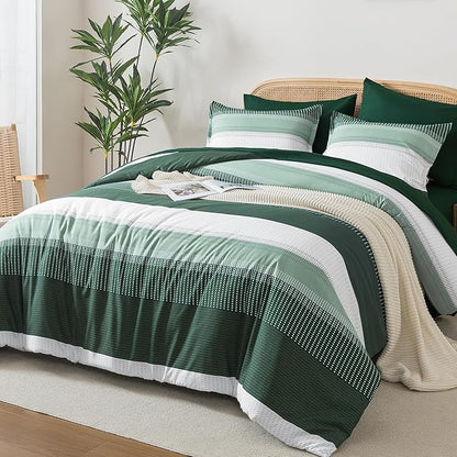 Andency California King Comforter Set Emerald Green - 7 Pieces Striped Lightweight Bed in a Bag, Soft Microfiber Reversible Bedding Set with Comforter, Fitted & Flat Sheet, Pillowcases & Shams