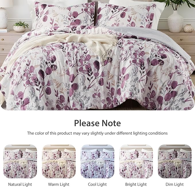 Lightweight Seersucker Botanical Comforter Set Twin Size, 2 Pieces Reversible Design with Striped Print, Premium Microfiber Bedding Set, Comforter and Sham Set, Plum/Grey