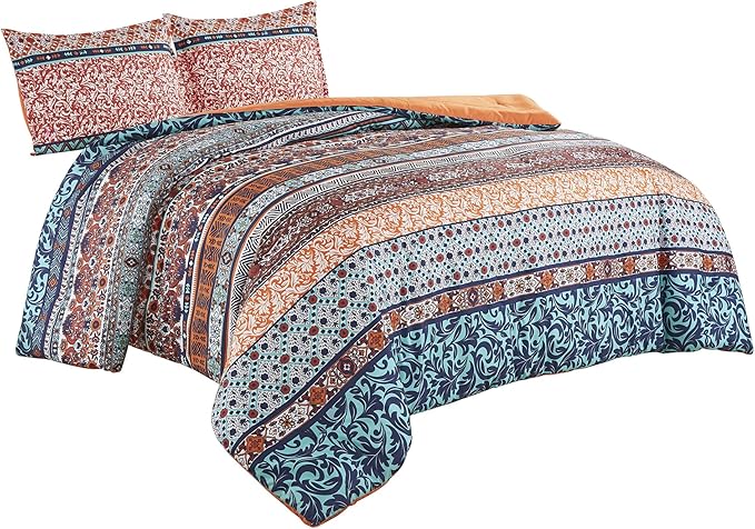 Chezmoi Collection Shore 3-Piece Boho Stripe Queen Comforter Set - Medallion Floral Colorful Navy Blue Orange Red White Bohemian Printed Microfiber Lightweight Bedding Comforter Set