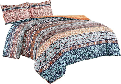 Chezmoi Collection Shore 3-Piece Boho Stripe Queen Comforter Set - Medallion Floral Colorful Navy Blue Orange Red White Bohemian Printed Microfiber Lightweight Bedding Comforter Set