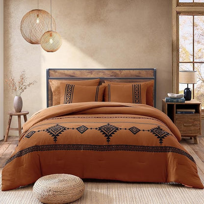 MaiRêve Embroidery Comforter Set, Boho Farmhouse Western Bedding Set, All Season Bed in A Bag Comforter Set with Sheets, Pillowcases & Shams, Burnt Orange Queen 7 Pieces