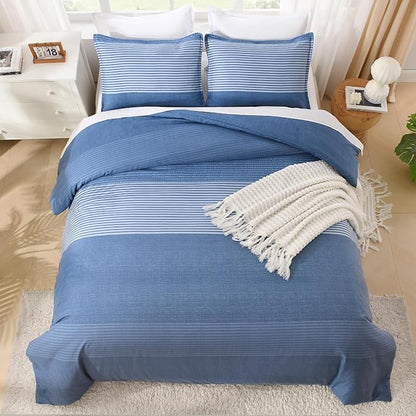 Litanika Comforter Set Full Size Sapphire Blue - 3 Pieces Lightweight Sapphire Blue White Colorblock Stripe Fluffy Bedding Comforter Sets, All Season Bed Set