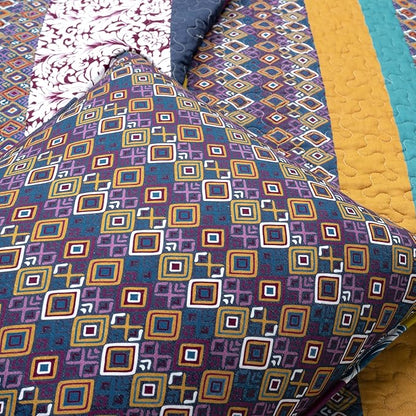 Lush Decor Boho Stripe Reversible Cotton Quilt 3-Piece Set, Full/ Queen, Plum & Yellow - Bold Colorful Bohemian Bedding Set
