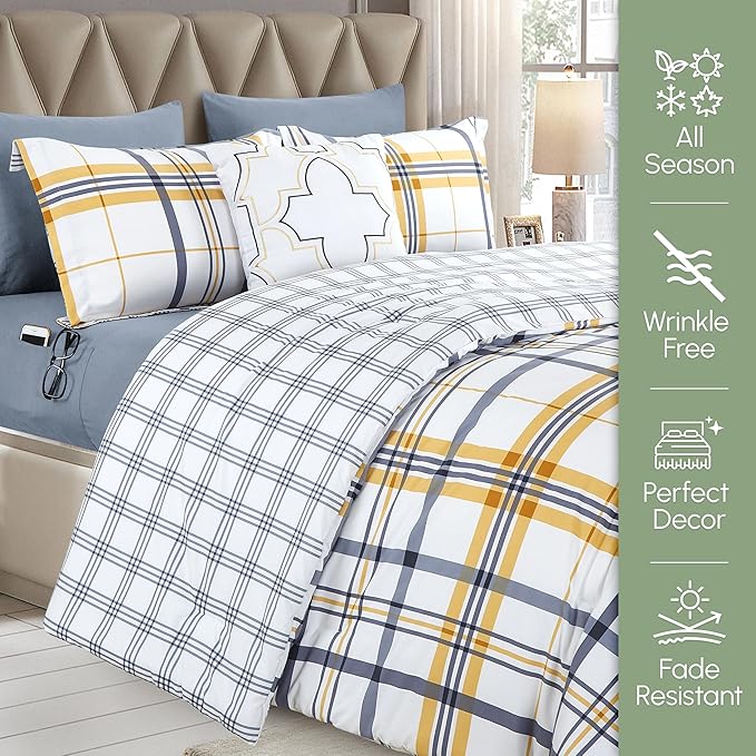 Elegant Comfort 8-Piece Lodge Plaid Reversible Comforter Set - All Season Bed in a Bag, 4-Piece Sheet Set Featuring Smart Pockets, Matching Shams and Decorative Pillow, Full/Queen, Gold