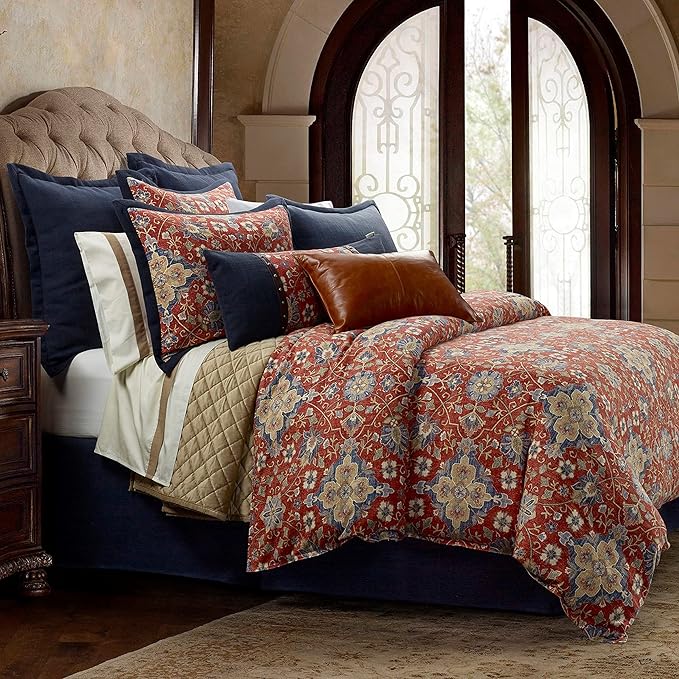 HiEnd Accents Washed Linen Melinda Lumbar Floral Pillow, 14x36 inch, Navy Blue and Red, Medallion Classic Western Rustic Lodge Bedding, Decorative Throw Pillow