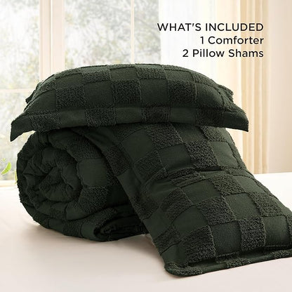 Bedsure King Size Comforter Set Dark Olive Green, Boho Tufted Bed Set, Checkered Farmhouse Shabby Chic Bedding, 3 Pieces, 1 Plaid Geometric Comforter and 2 Pillow Shams