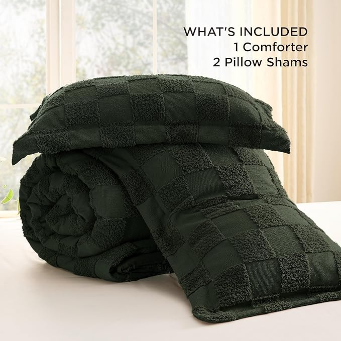 Bedsure Full Size Comforter Set Dark Olive Green, Boho Tufted Bed Set, Checkered Farmhouse Shabby Chic Bedding, 3 Pieces, 1 Plaid Geometric Comforter and 2 Pillow Shams