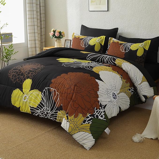 Yiran 7 Pieces Boho Floral Comforter Sets Black Brown Yellow Lightweight Comforter Bed in a Bag Flowers Microfiber Bedding Set for All Season,King Size 104''x90''